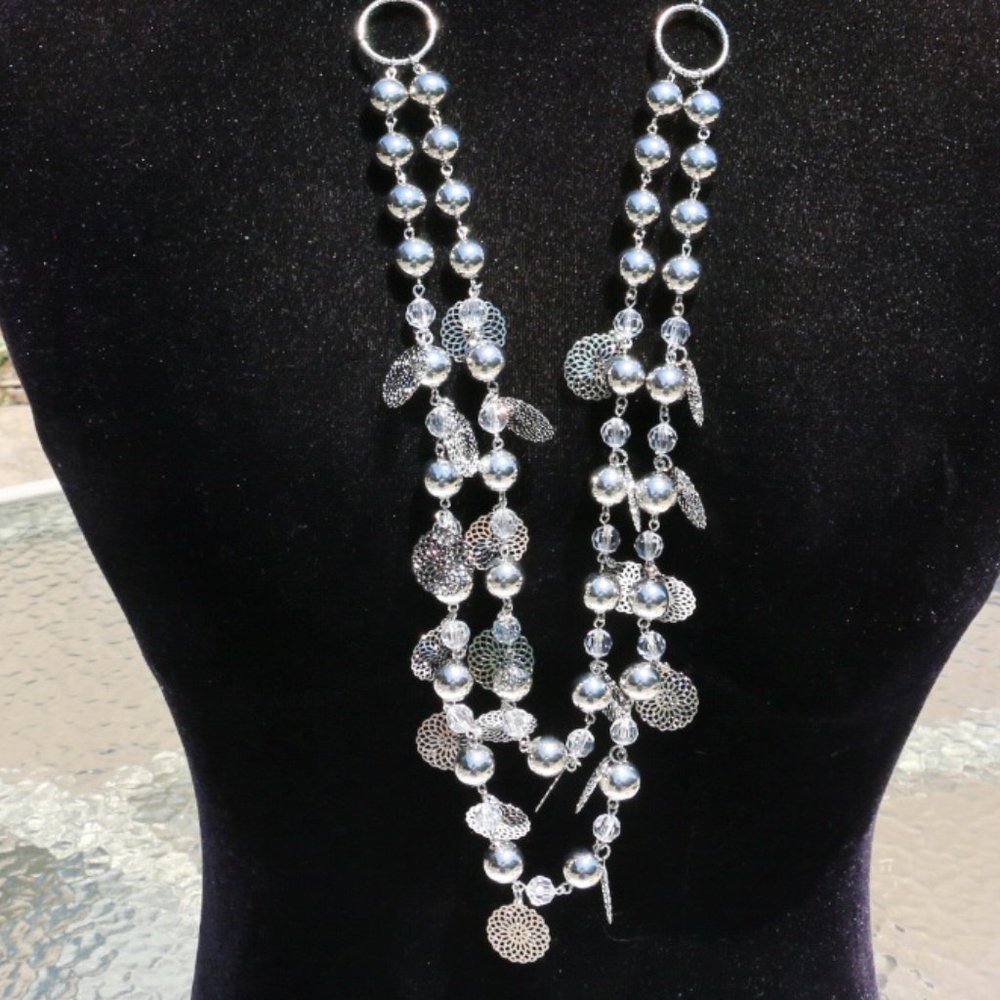 Boho Multi Strand Necklace Earrings Silvertone NWT
